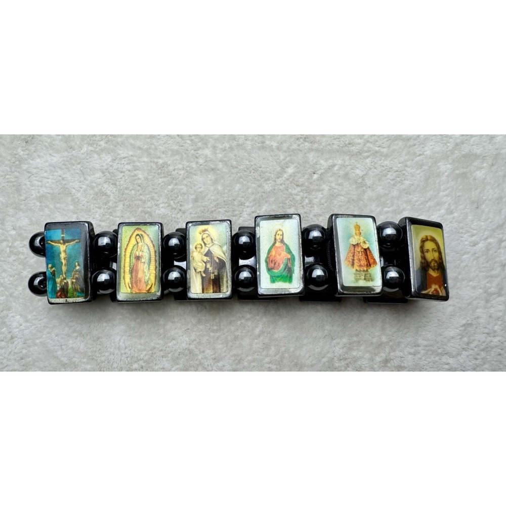 Religious‎ Wood Panel Stretch Bracelet Catholic Saints Our Lady Guadalupe Black